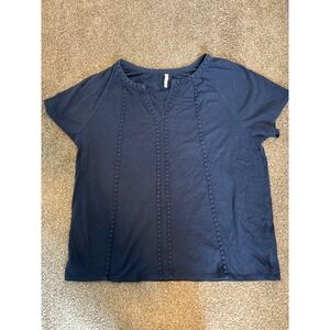 1775 Pom Pom Trim Top Womens Large Navy Blue Excellent Boho Split Neck Tee